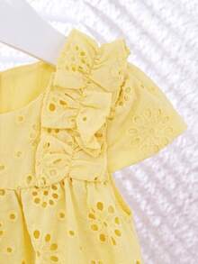 Babygirl Summer Cute Solid Color Embroidered Hollow Out Ruffle Hem Sleeveless Dress - Mustard Yellow - View 6