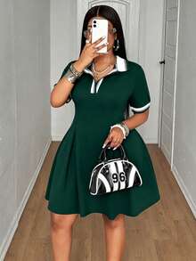 Maweii Plus Size Color Block Ribbed Splice A-Line Casual Short Sleeve Dress - Multicolor - View 3