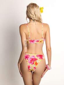ROMWE Avant Women's Floral Print Spaghetti Strap Bikini Set - Yellow - View 2