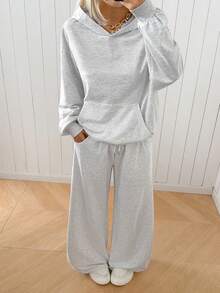 SHEIN EZwear Bộ đồ thể thao nữ mùa thu/đông gồm áo hoodie lót giữ nhiệt và quần nỉ dáng rộng thoải mái. - Xám - Xem 4