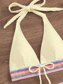 SHEIN Swim 两件套春假新款露背系带比基尼套装，音乐节假日休闲沙滩泳装，女士 - 杏色 - 查看 3
