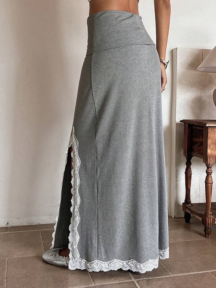 Contrast Lace Slit Hem Casual Vacation Long Skirt For Women, Summer