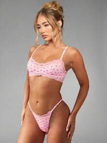 MISSGUIDED 愛心圖案蕾絲飾邊無鋼圈內衣與高衩丁字褲套裝 情人節禮物 新娘內衣 婚禮之夜禮物 全季節日常內衣套裝 - 粉色 - 查看 6