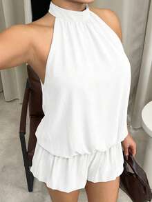 Dayanna Comas Vestido mini sexy de unicolor con espalda descubierta, cuello halter y bajo con volantes, elegante blanco para fiesta de verano - Blanco - Ver 5