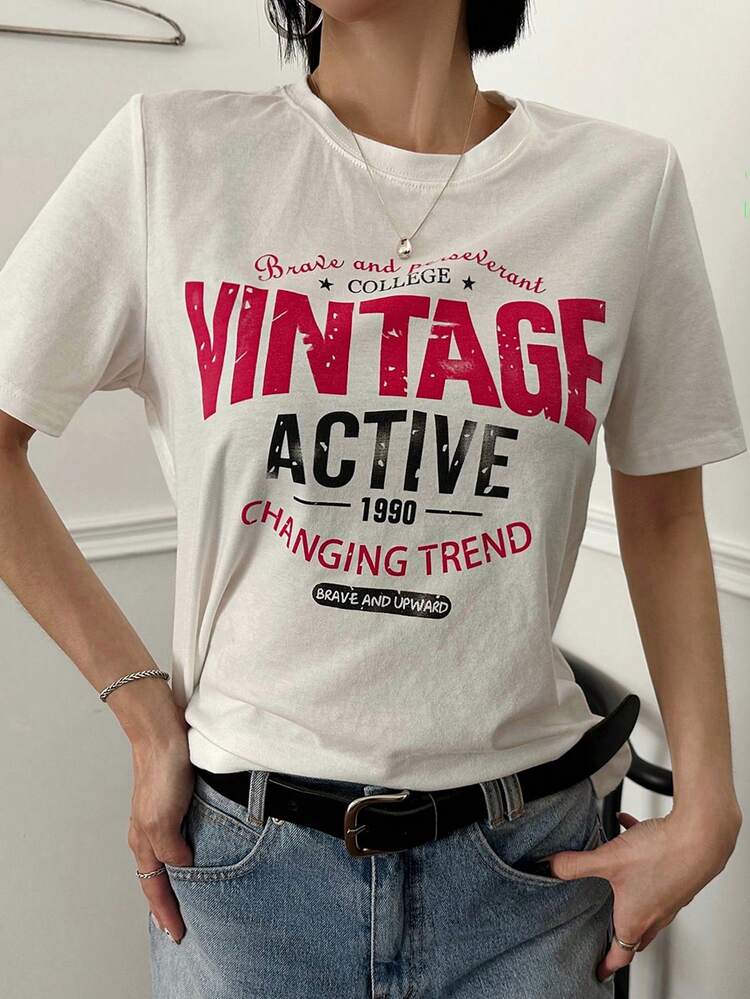 Letter Print Loose Casual Street Style Short Sleeve T-Shirt For Women, Summer