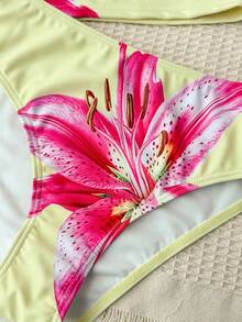 SHEIN 少女黄色碎花吊带比基尼两件套泳衣，适合海滩度假、春夏穿着 - 黃色 - 查看 3