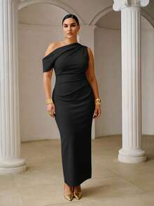 ZEYLAH Vestido largo elegante y ajustado con drapeado, primavera/verano - Negro - Ver 3
