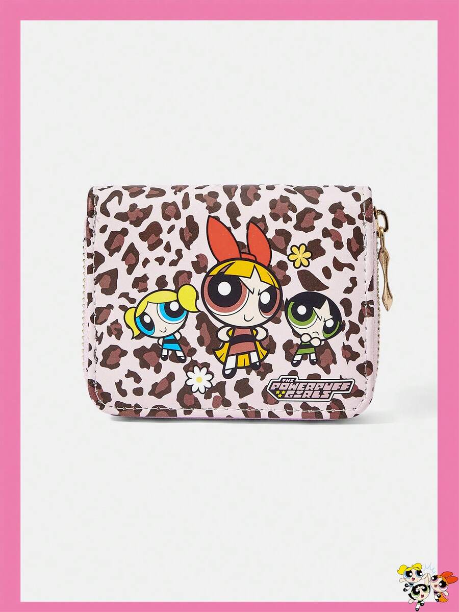 THE POWERPUFF GIRLS X SHEIN 粉色豹紋花朵小女警圖案拉鍊錢包,多卡槽收納包,附零錢袋,輕量身分證夾,適合女性/女孩,可作為青少年、學生、教師的禮物,亦可用於學校與商務名片包 - 多色3 - 查看 1