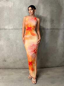 SHEIN ICON Vestido largo ajustado con estampado de teñido anudado - Naranja - Ver 1