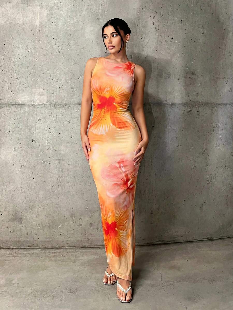 SHEIN ICON Vestido largo ajustado con estampado de teñido anudado - Naranja - Ver 1