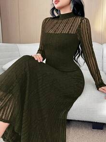 Feyla 大码纯色立领长袖修身优雅连衣裙 - 軍綠色 - 查看 1