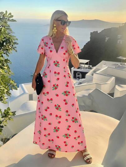 Vivid Eden Wave Pattern V-Neck Short Sleeve Fitted Women's DressSpring And Summer Outfits,Summer Clothes,Valentine Day,Vacation Outfits Woman,Beach Outfits For Woman, Festival,Romantic And Elegant Clothing,Bohemian,BOHO, Sweet,Coquette,Rave Outfits Festival,Tropical Vacation Woman Clothes,Carnival