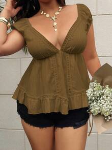 Sunnyshic Plus Size Women Casual Vacation Deep V-Neck Ruffle Hem Blouse - Coffee Brown - View 3