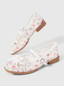 ROMWE Kawaii Giày nữ thời trang mũi vuông, lưới, ren, thêu chữ, khóa kim loại, đế dày, dễ thương, thanh lịch, thoải mái, dễ phối váy, giày bệt đa năng. - Hoa anh đào - Bột - Xem 6