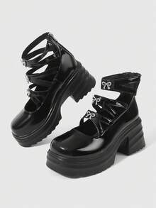 ROMWE Kawaii Giày sandal cao gót nữ, gót thấp, đế dày, kiểu Mary Jane, giày cao gót siêu cao 10cm bằng da, giày đơn chống thấm nước, giày bốt mùa đông. - màu đen - Xem 6