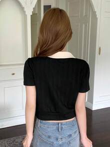 DAZY Contrast Collar Puff Sleeve Tee,Crop Tops Women - Black - View 2
