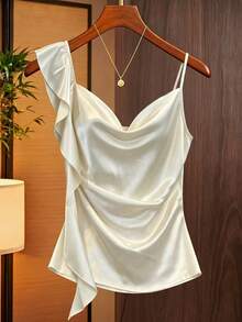 SHEIN Franclia Women's Spring/Summer Elegant Outing & Date Outfit, Satin Camisole Tank Top With Ruffle Trim And Cinched Waist - Apricot - View 8