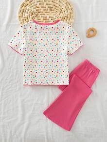 Emery Rose Kids Bộ 2 món gồm áo thun ngắn tay và quần ống loe in họa tiết chấm bi nhiều màu sắc dành cho bé gái. - Hồng - Xem 2