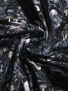 ROMWE Goth 大码女式骷髅印花褶皱休闲百搭假日半身裙 - 黑色 - 查看 3