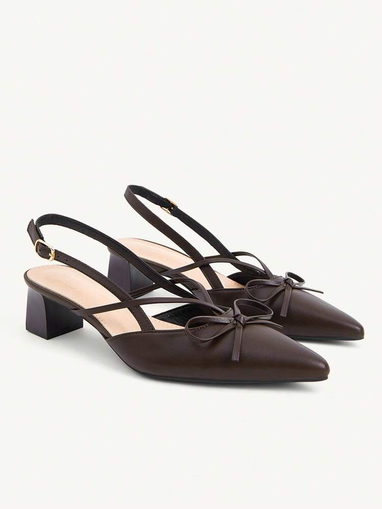 CUCCOO CHICEST Brown Pointed Cross Strap Bow Empty Sandals, Thick Heel, Daily Commuter Temperament Shoes