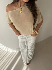 Aloruh Solid Color Asymmetric Neckline Sheer Cover Up With Metallic Threads - White - View 7