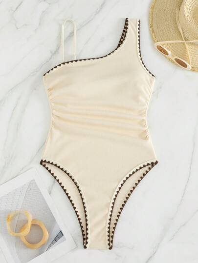 Bonvoyette 1pc Women's One-Piece Swimsuit, Asymmetric Contrast Color Floral Trim Solid Color Camisole, Fitted Beach Wear