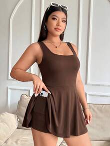 GalTyme Jumpsuit Tanpa Lengan Warna Polos dengan Kantong untuk Wanita Ukuran Besar, Pakaian Satu Potong, Kuning - Coffee Brown - View 7