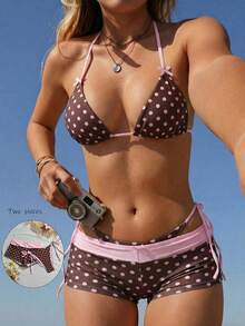 Swim Mod Women's 26SS Spring/Summer New Polka Dot Print Double-Fabric Drawstring Triangle Briefs With Ruched Waist, Bow Decor Bottoms, 2-Piece/Multi-Piece Set - Multicolor - View 1
