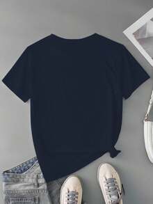 SHEIN 青少年女孩夏季休閒時尚日常百搭珍珠裝飾蝴蝶結圖案白色短袖圓領T恤 1件 - 寶藍色 - 查看 2