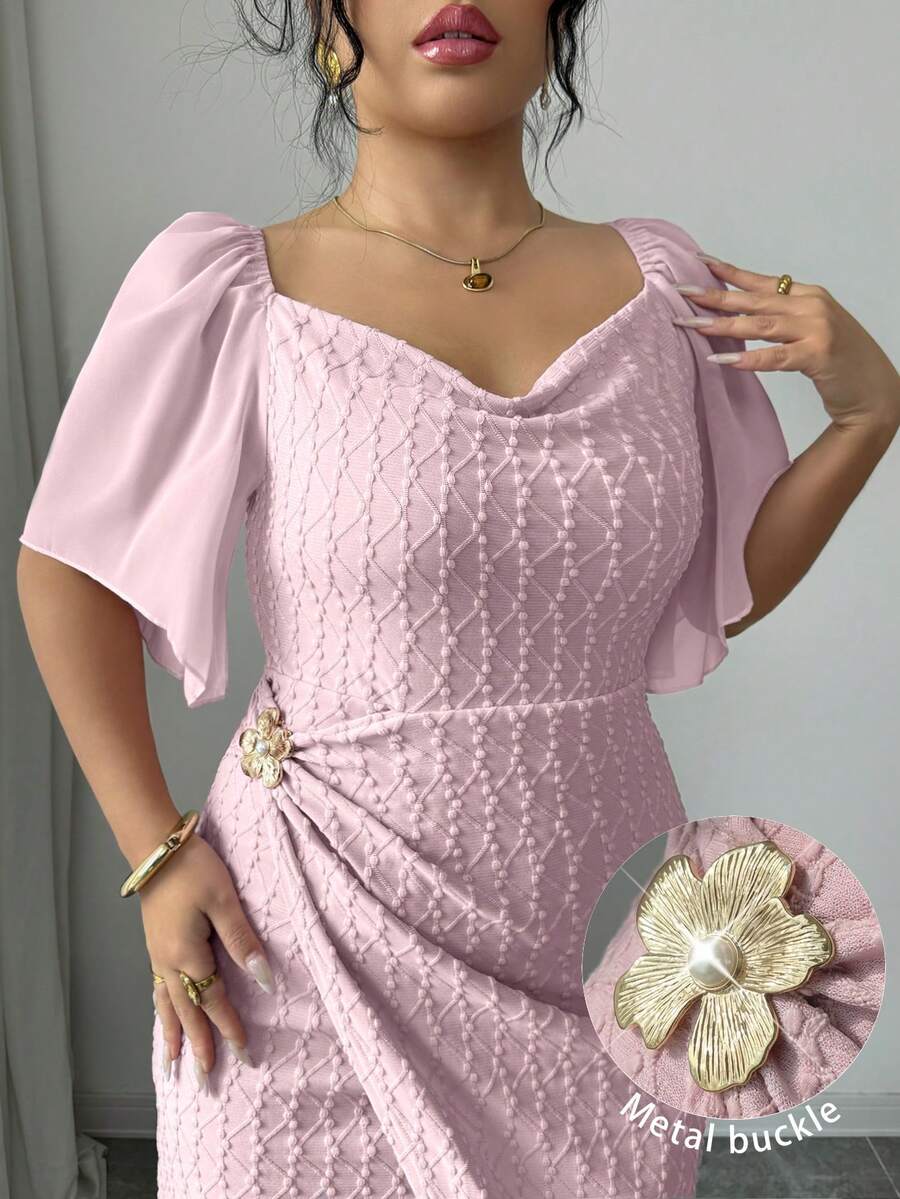 Modelyn Plus Size Women's Metal Buckle Contrast Color Draped Neck Chiffon Transparent Ruffle Sleeve Fitted Front Slit Elegant Curve Dress Wedding Guest Pink