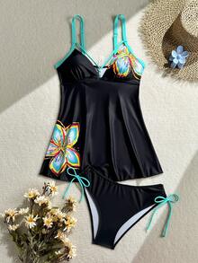 Swim Lushoire 新款春夏花卉印花配色條紋下擺女款坦基尼泳衣套裝 - 彩色 - 查看 3