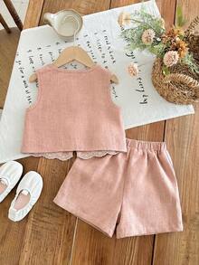 LMoss Kids 2pcs Young Girl Woven Solid Color Casual Vest And Shorts Set - Dusty Pink - View 2