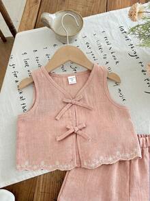 LMoss Kids 2pcs Young Girl Woven Solid Color Casual Vest And Shorts Set - Dusty Pink - View 3
