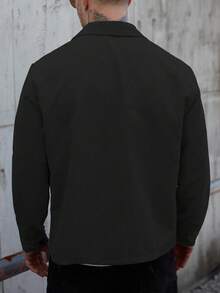 Manfinity Homme Cămașă-jachetă casual pentru bărbați din flanelă și catifea reiată, gri închis, cu mânecă lungă, nasturi și buzunar, pentru toamnă și iarnă, drumeții, purtare zilnică, streetwear - Negru - Vizualizare 2