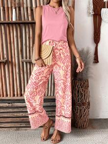 Breezaya Set da 2 pezzi da donna casual per vacanze con canotta tinta unita e pantaloni con cintura in vita a sacchetto e stampa all-over, primavera/estate - Rosa - Visualizzare 5