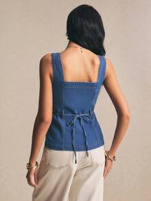 Poéselle Áo sơ mi denim nữ không tay cài cúc phía trước, kiểu dáng thường ngày, thích hợp cho mùa hè. - Màu xanh lam - Xem 3