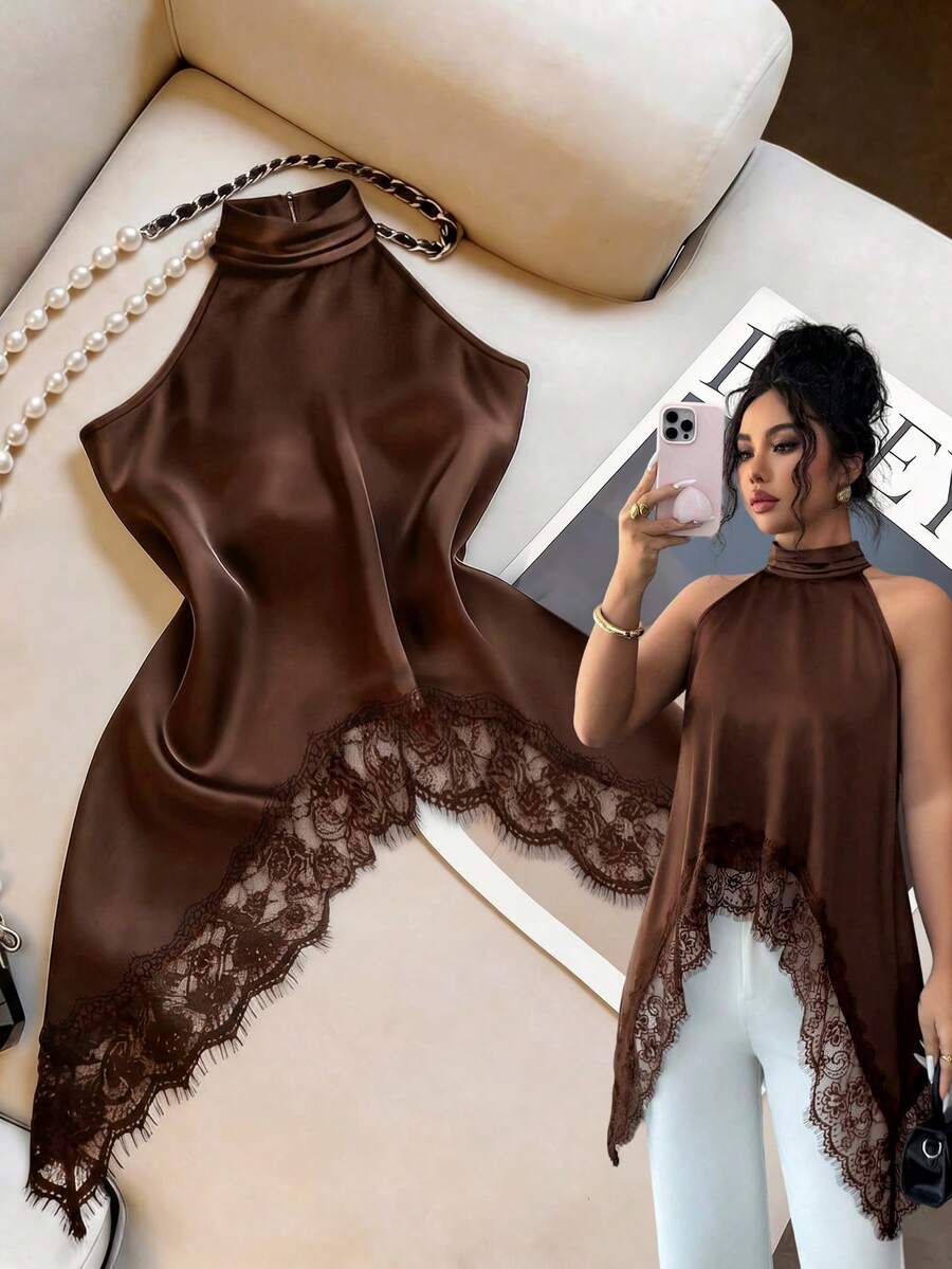 SHEIN Elenzya 女士蕾丝拼接露背休闲百搭日常衬衫 - 棕色 - 查看 1