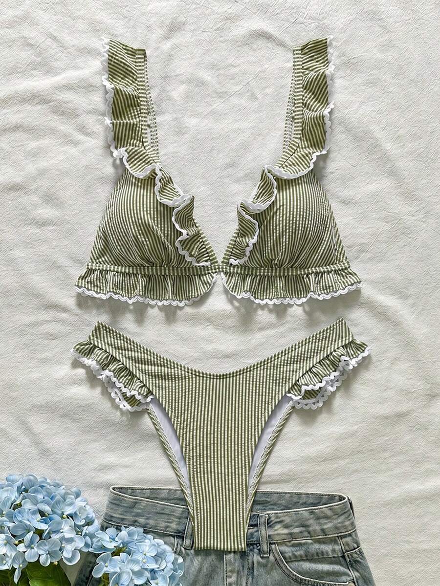 Swim Mod 2件組女孩特製面料條紋荷葉邊三角比基尼上衣與V型開衩三角泳褲泳裝 - 軍綠色 - 查看 1