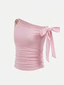 SHEIN 青少年女孩時尚優雅無袖不對稱領上衣，純粉色 - 粉色 - 查看 7
