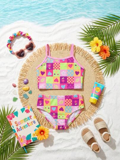 SHEIN Young Girl Heart & Plant Print Casual Swimsuit Set