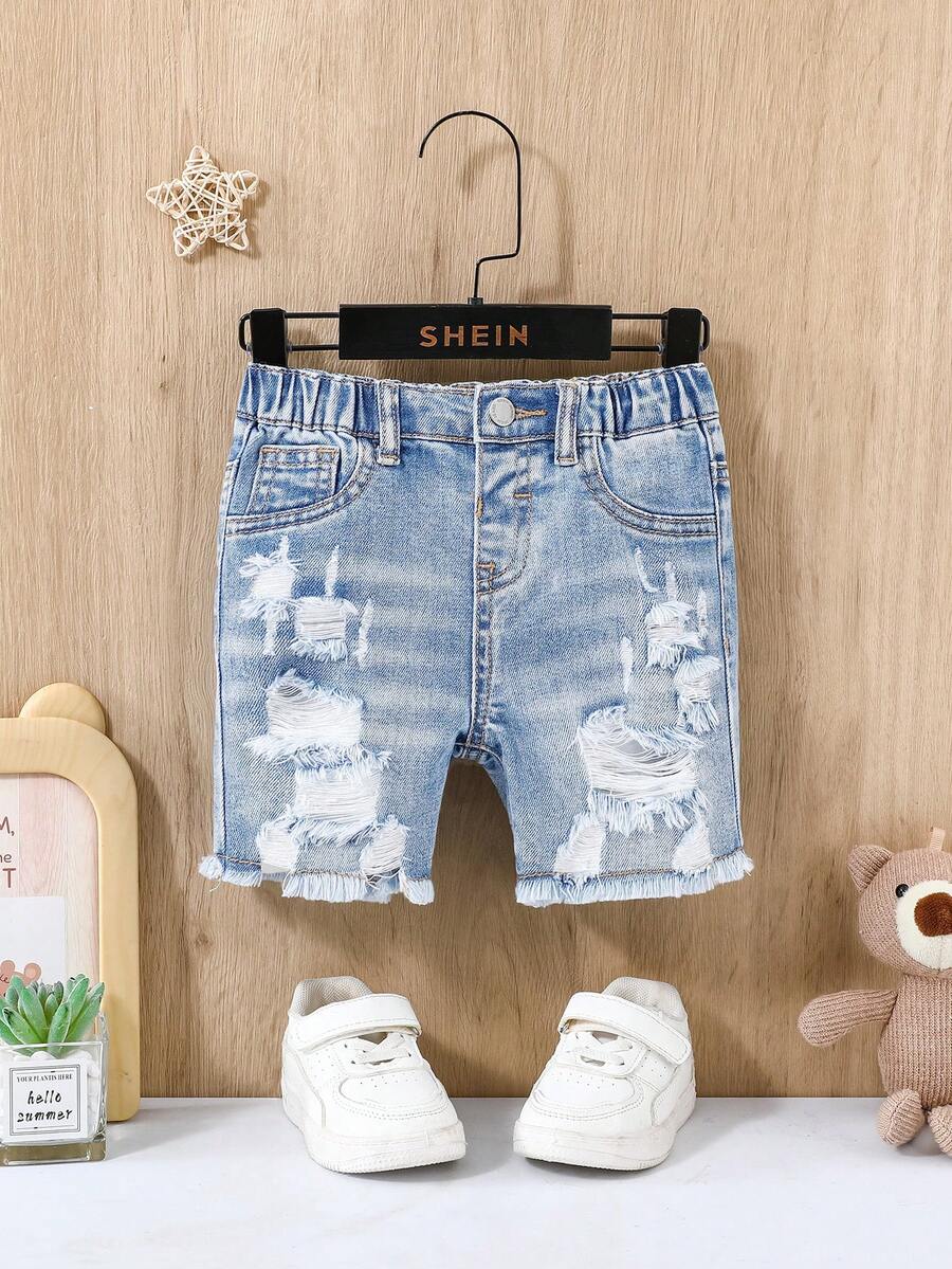 SHEIN Baby Boys' Summer Casual Distressed Ripped Frayed Blue Button Front Pockets Skinny Denim Shorts,Baby Spring/Summer Spring Break Daily Wear - Light Wash - View 1