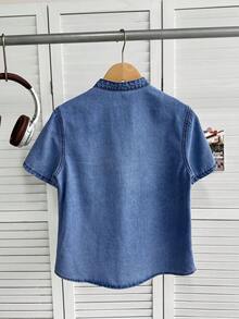 SHEIN Áo ngắn tay denim giặt mài phong cách thường ngày cho bé trai tuổi teen, mùa hè - Rửa tối - Xem 2
