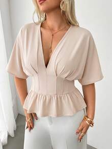 Auralis Plus Size Solid Color V-Neck Short Sleeve Waist-Cinching Ruffle Hem Summer Blouse Elegant Casual T-Shirt For Women Office Tea Party Beige - Apricot - View 7