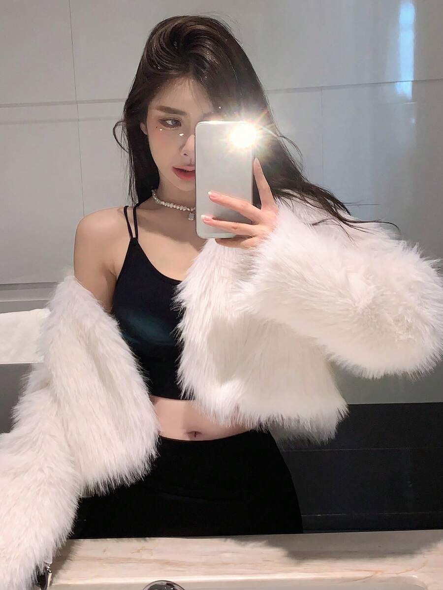 DAZY Solid Open Front Crop Fuzzy Coat Women Jacket,Fall Women Clothes Faux Fur Coat - White - View 1