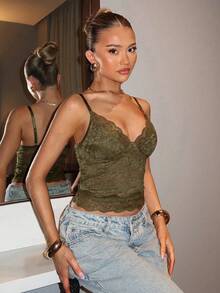 SHEIN BAE 女士性感蕾丝吊带背心，透视修身短款，适合夏季度假 - 軍綠色 - 查看 3