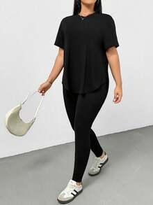 SHEIN Essnce 大码夏季休闲纯色T恤和打底裤两件套 - 黑色 - 查看 8