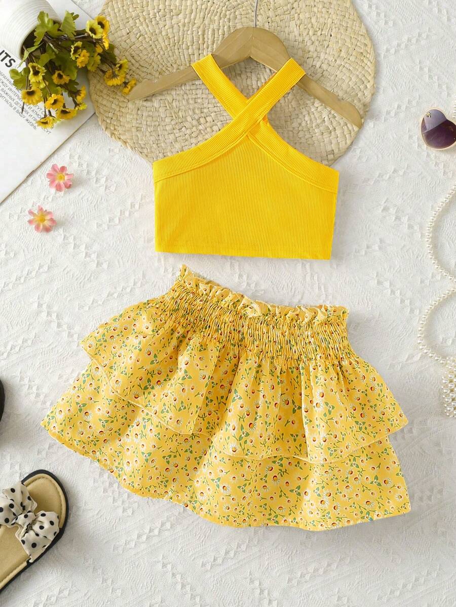 SHEIN Elladie kids Girls' Vacation Casual Halter Neck Sleeveless Fitted Solid Color Tank Top And Elastic Waist Floral Ruffle Tiered Skirt Set, Summer Beach - Yellow - View 1