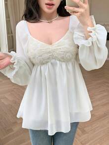 Modelyn 女士法式米色甜美飘逸网纱花卉刺绣薄纱长袖衬衫 - 米色 - 查看 8