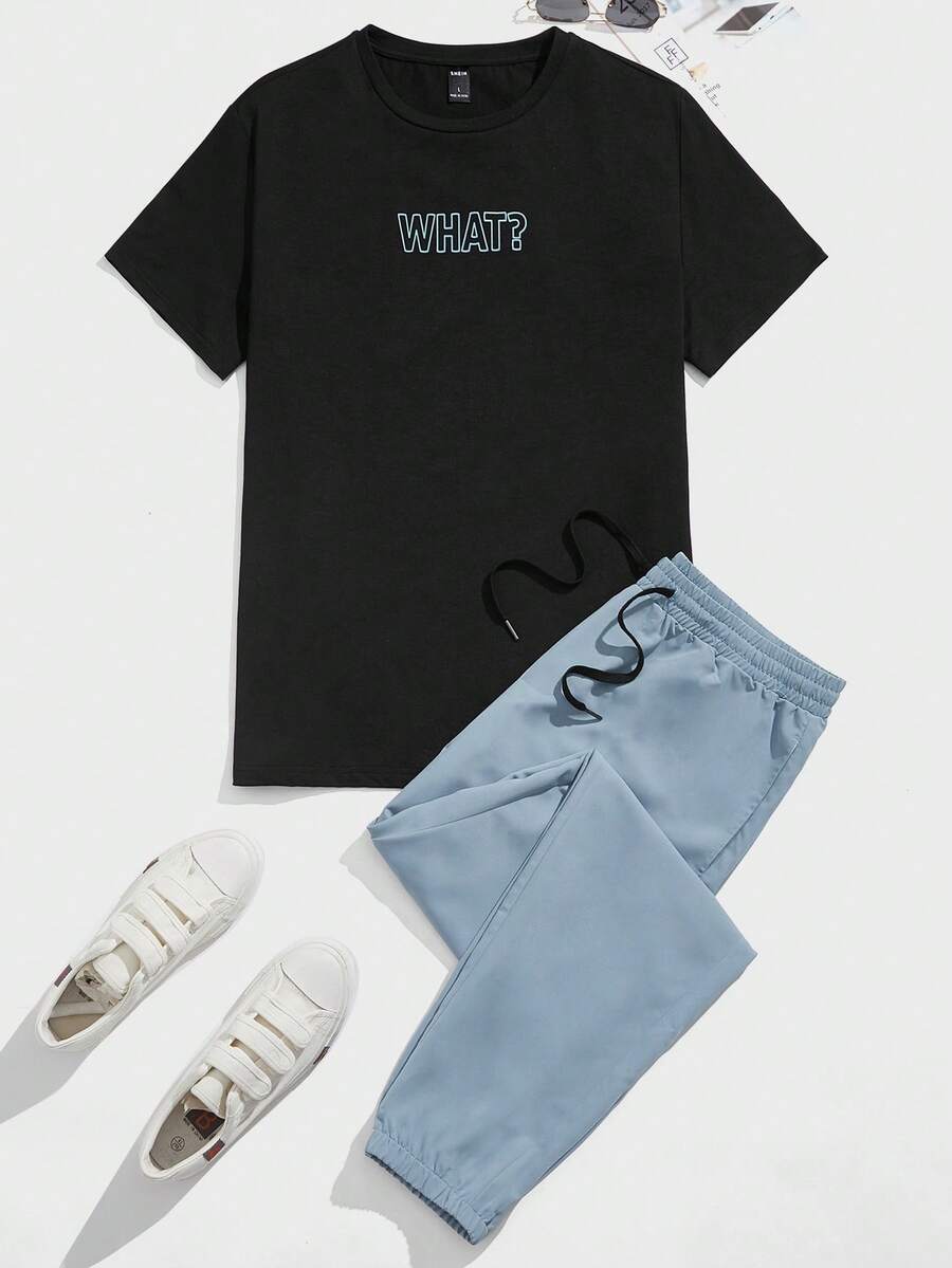 Manfinity VCAY Men Letter Graphic Tee & Trousers Set - Multicolor - View 1