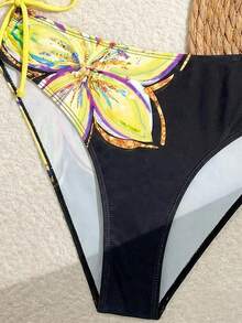Swim Lushoire 新款夏季女款細肩帶露背深V領珍珠交叉綁帶三角泳褲花卉印花休閒度假泳裝套裝 - 彩色 - 查看 6